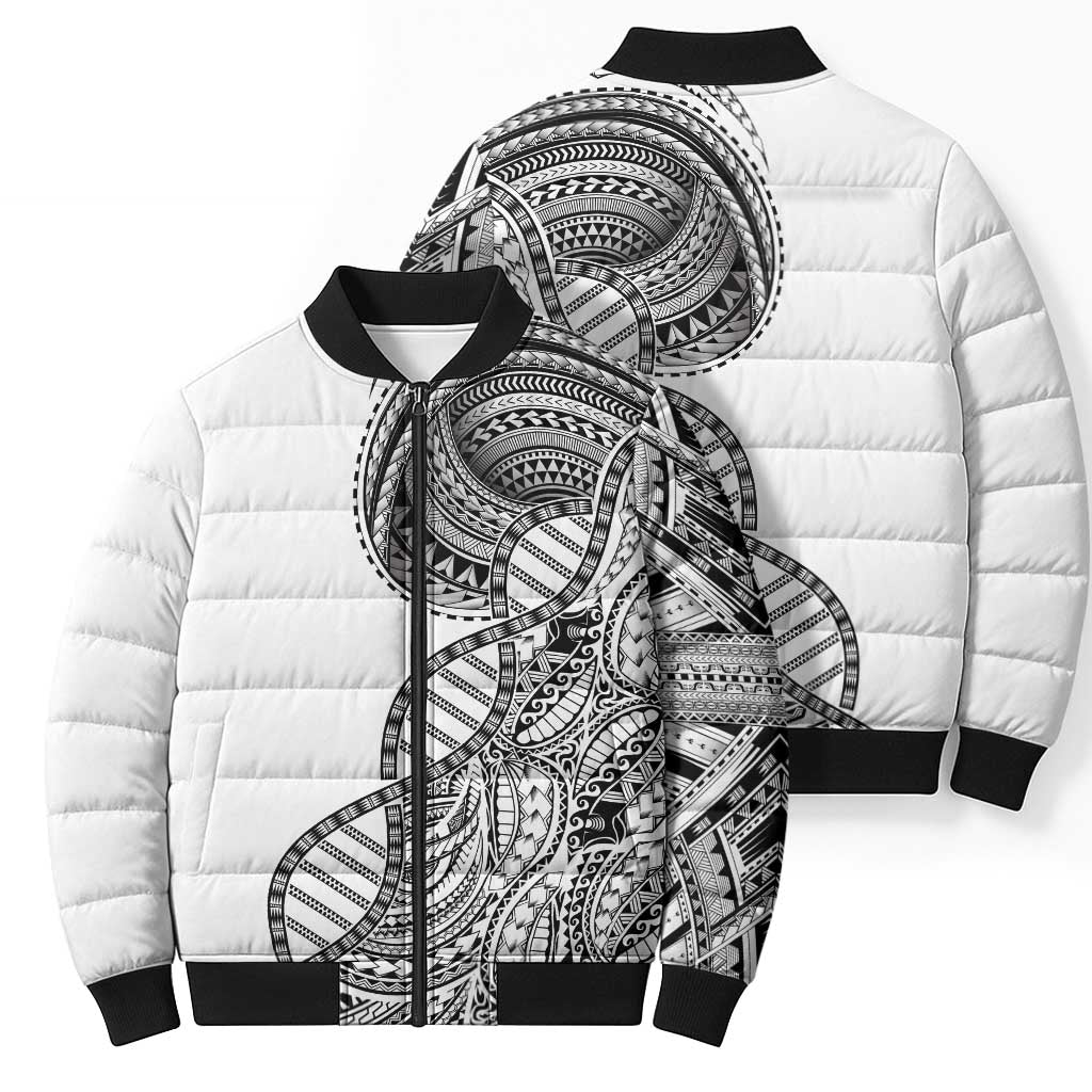 Samoan DNA Art Tattoo Bomber Puffer Jacket Polynesian Pattern White Color