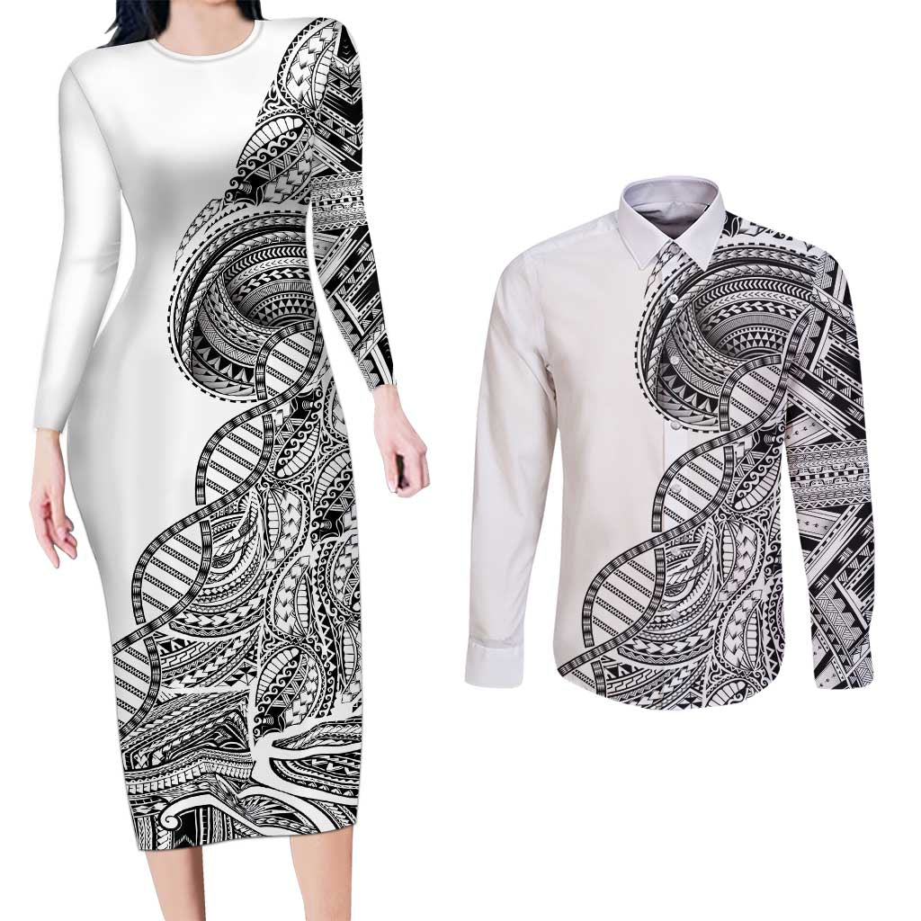 Samoan DNA Art Tattoo Couples Matching Long Sleeve Bodycon Dress and Long Sleeve Button Shirt Polynesian Pattern White Color