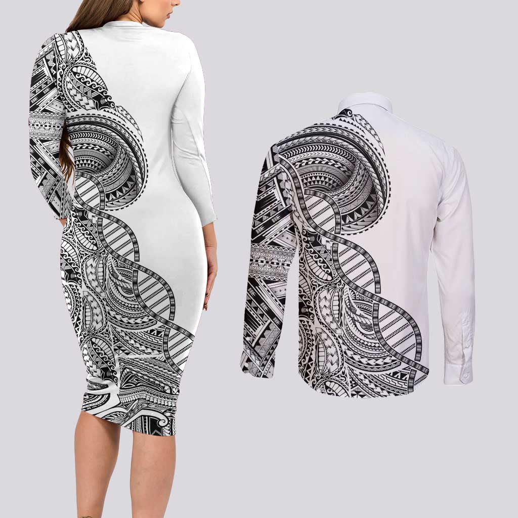 Samoan DNA Art Tattoo Couples Matching Long Sleeve Bodycon Dress and Long Sleeve Button Shirt Polynesian Pattern White Color
