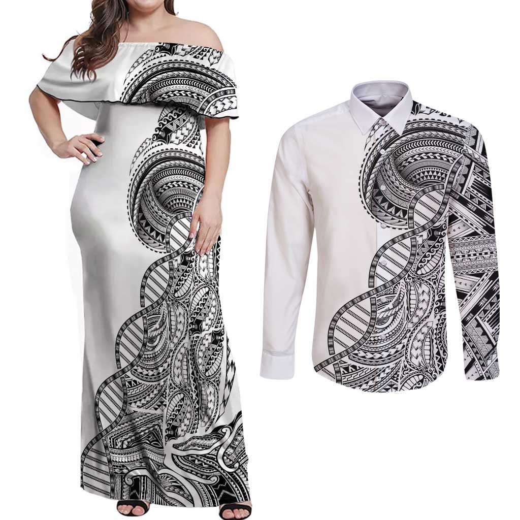 Samoan DNA Art Tattoo Couples Matching Off Shoulder Maxi Dress and Long Sleeve Button Shirt Polynesian Pattern White Color