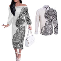 Samoan DNA Art Tattoo Couples Matching Off The Shoulder Long Sleeve Dress and Long Sleeve Button Shirt Polynesian Pattern White Color LT03 White - Polynesian Pride