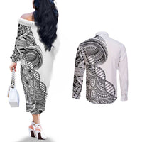 Samoan DNA Art Tattoo Couples Matching Off The Shoulder Long Sleeve Dress and Long Sleeve Button Shirt Polynesian Pattern White Color LT03 - Polynesian Pride