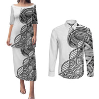 Samoan DNA Art Tattoo Couples Matching Puletasi and Long Sleeve Button Shirt Polynesian Pattern White Color