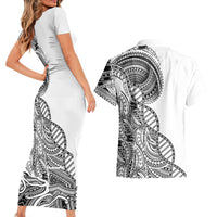 Samoan DNA Art Tattoo Couples Matching Short Sleeve Bodycon Dress and Hawaiian Shirt Polynesian Pattern White Color
