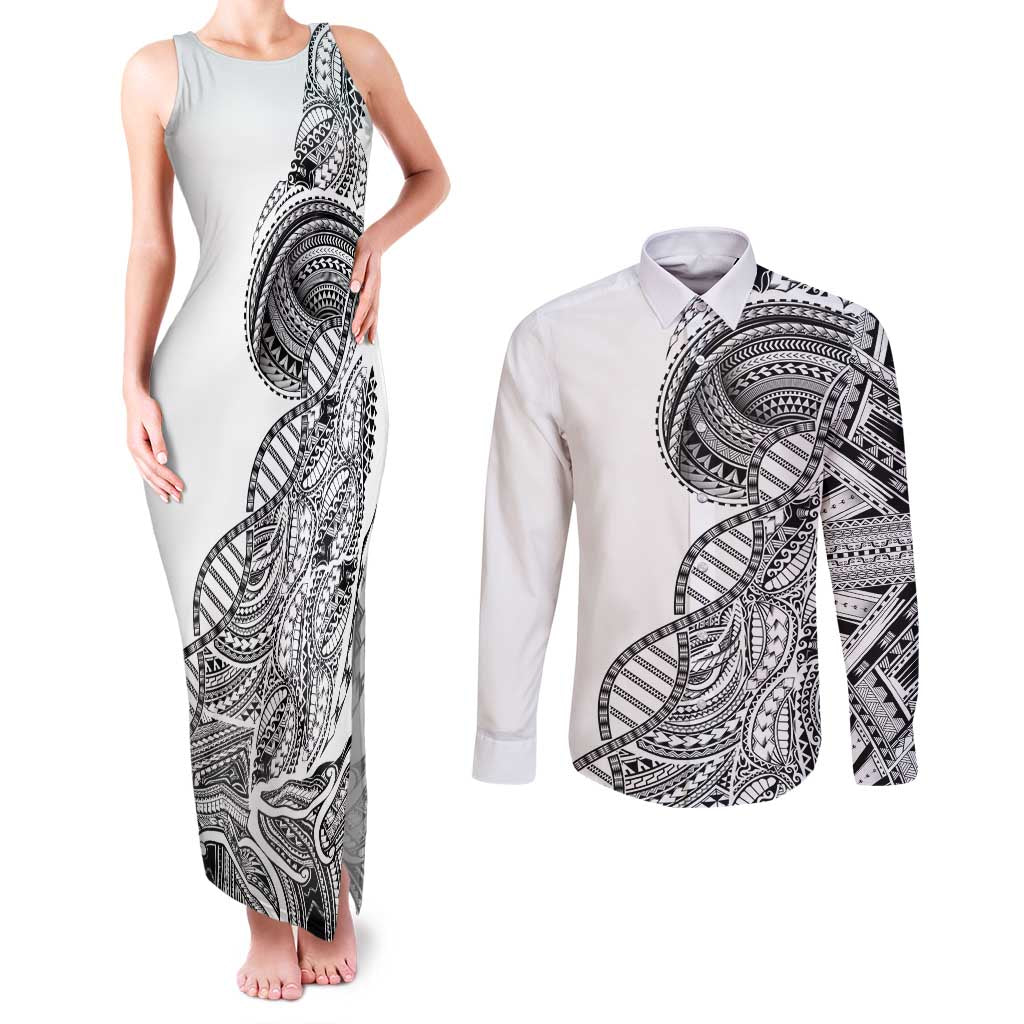 Samoan DNA Art Tattoo Couples Matching Tank Maxi Dress and Long Sleeve Button Shirt Polynesian Pattern White Color