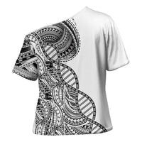 Samoan DNA Art Tattoo Cross Shoulder Shirt Polynesian Pattern White Color
