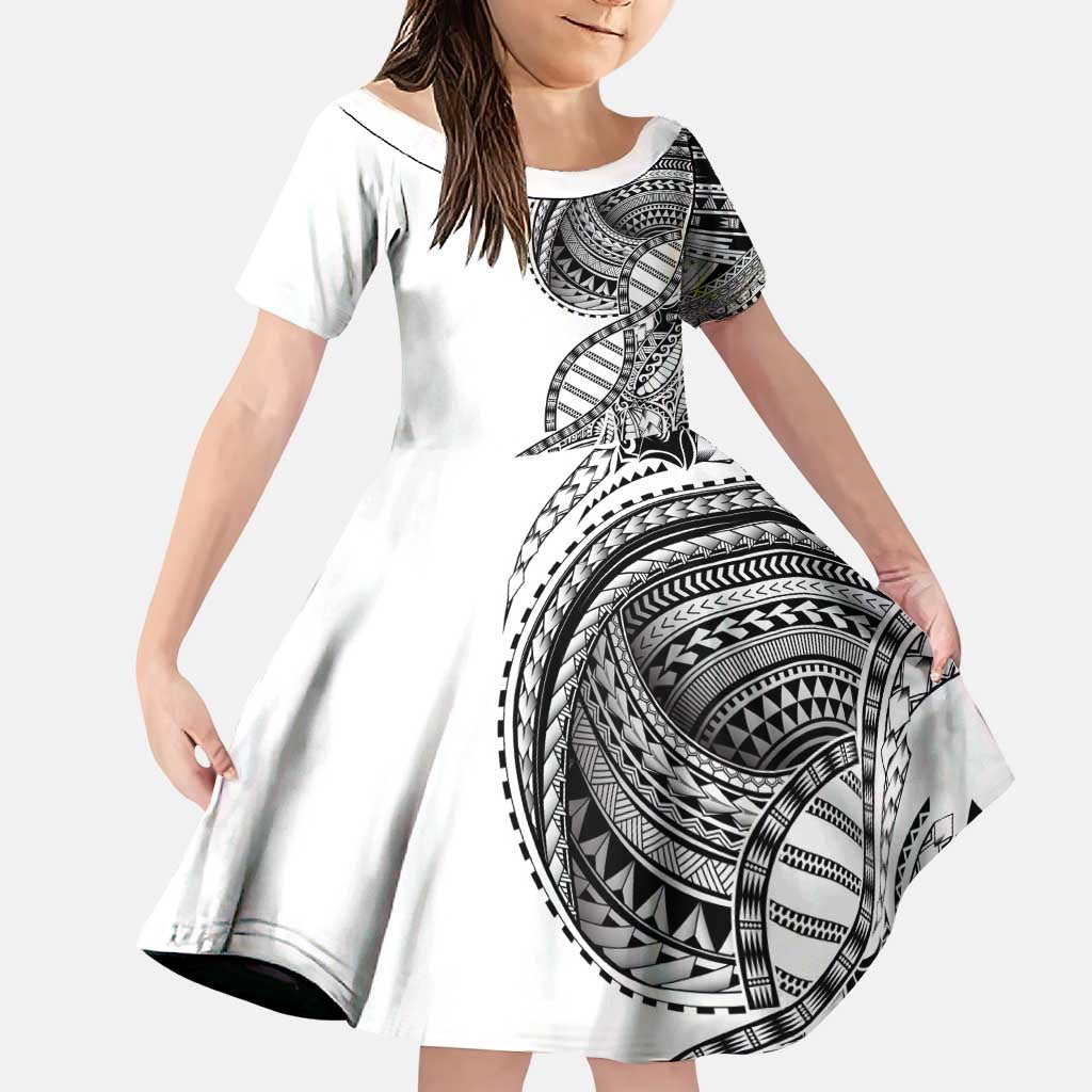 Samoan DNA Art Tattoo Family Matching Off The Shoulder Long Sleeve Dress and Hawaiian Shirt Polynesian Pattern White Color