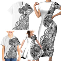 Samoan DNA Art Tattoo Family Matching Short Sleeve Bodycon Dress and Hawaiian Shirt Polynesian Pattern White Color