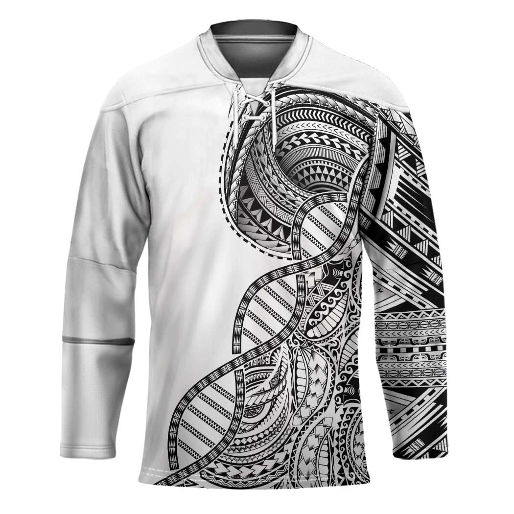 Samoan DNA Art Tattoo Hockey Jersey Polynesian Pattern White Color