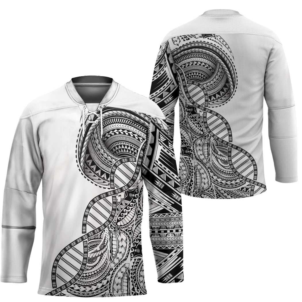 Samoan DNA Art Tattoo Hockey Jersey Polynesian Pattern White Color