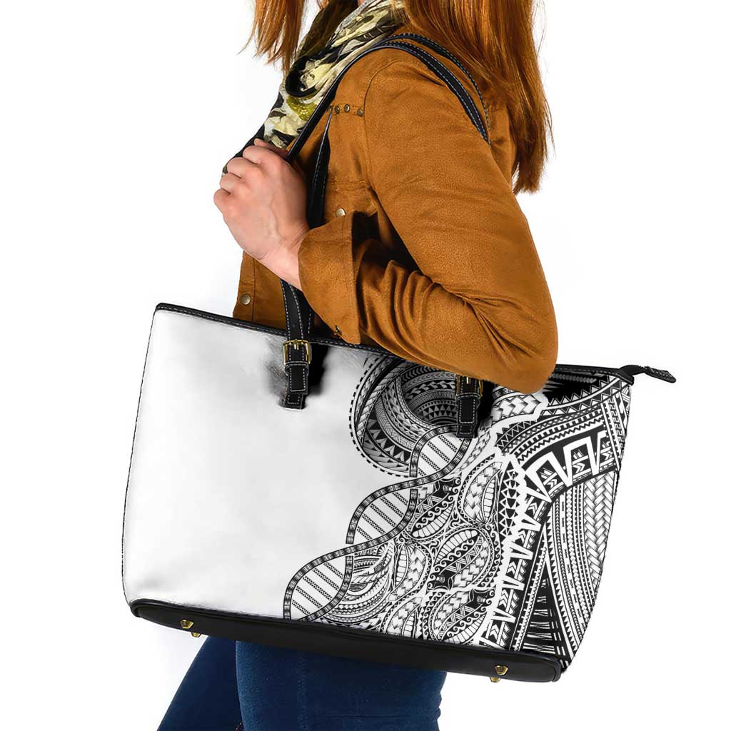 Samoan DNA Art Tattoo Leather Tote Bag Polynesian Pattern White Color