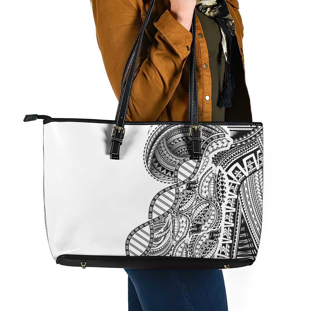 Samoan DNA Art Tattoo Leather Tote Bag Polynesian Pattern White Color