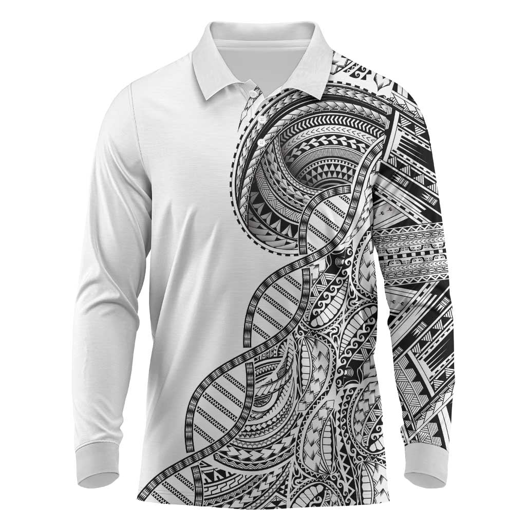 Samoan DNA Art Tattoo Long Sleeve Polo Shirt Polynesian Pattern White Color