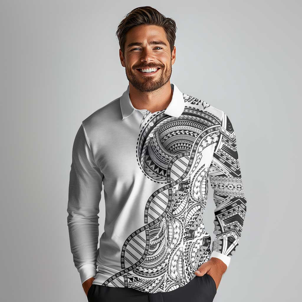 Samoan DNA Art Tattoo Long Sleeve Polo Shirt Polynesian Pattern White Color
