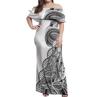 Samoan DNA Art Tattoo Off Shoulder Maxi Dress Polynesian Pattern White Color