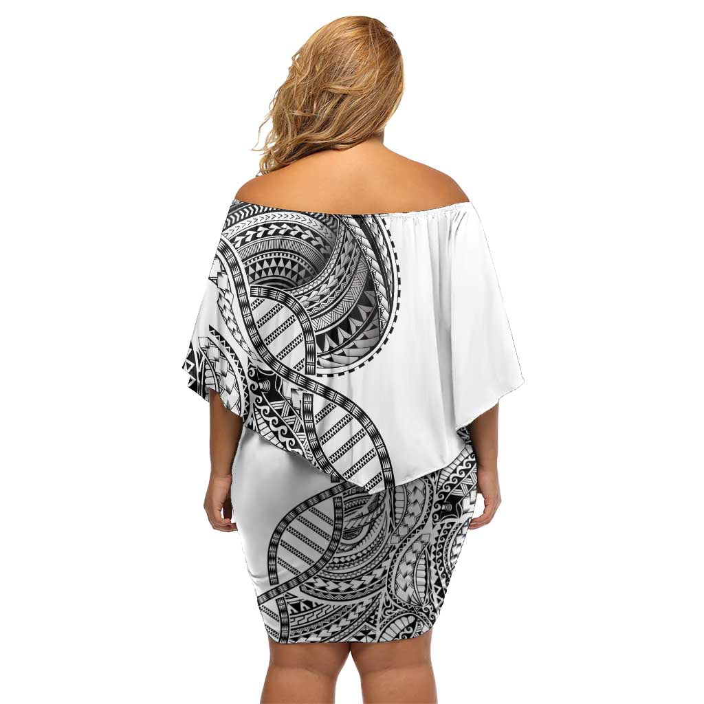 Samoan DNA Art Tattoo Off Shoulder Short Dress Polynesian Pattern White Color