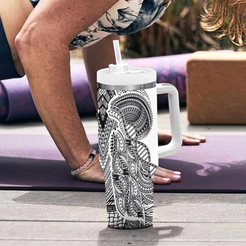 Samoan DNA Art Tattoo Tumbler With Handle Polynesian Pattern White Color