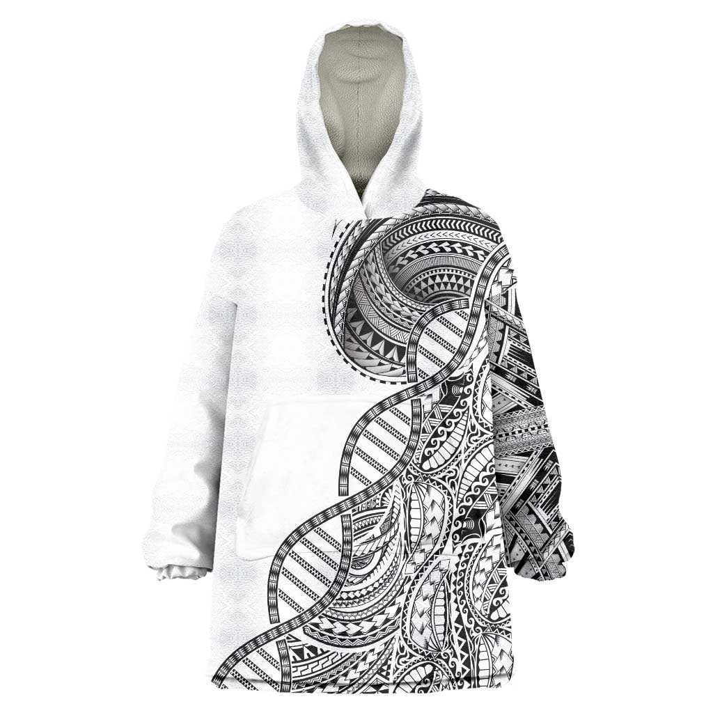 Samoan DNA Art Tattoo Wearable Blanket Hoodie Polynesian Pattern White Color