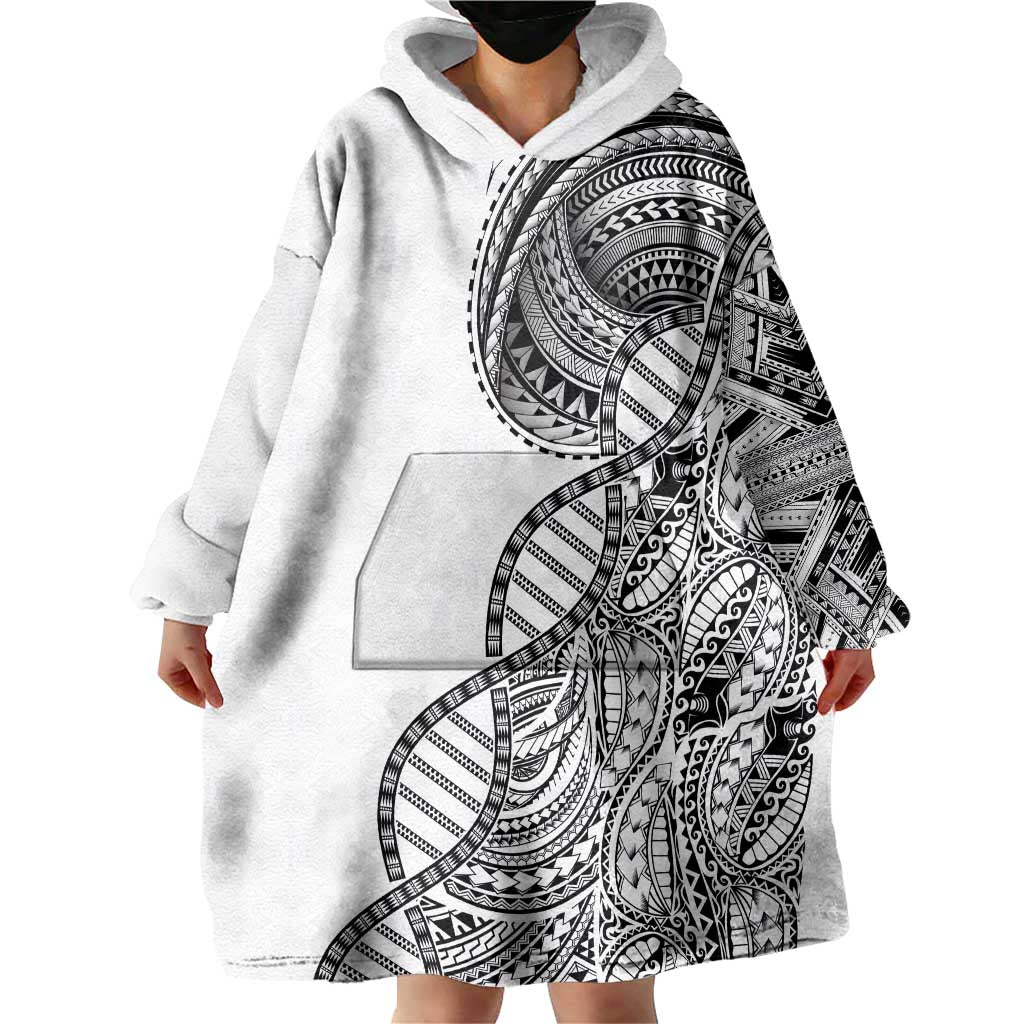 Samoan DNA Art Tattoo Wearable Blanket Hoodie Polynesian Pattern White Color