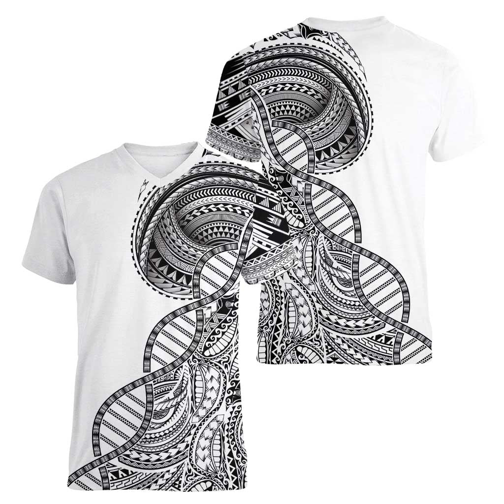 Samoan DNA Art Tattoo Women V-Neck T-Shirt Polynesian Pattern White Color