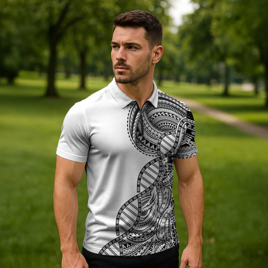 Samoan DNA Art Tattoo Zipper Polo Shirt Polynesian Pattern White Color