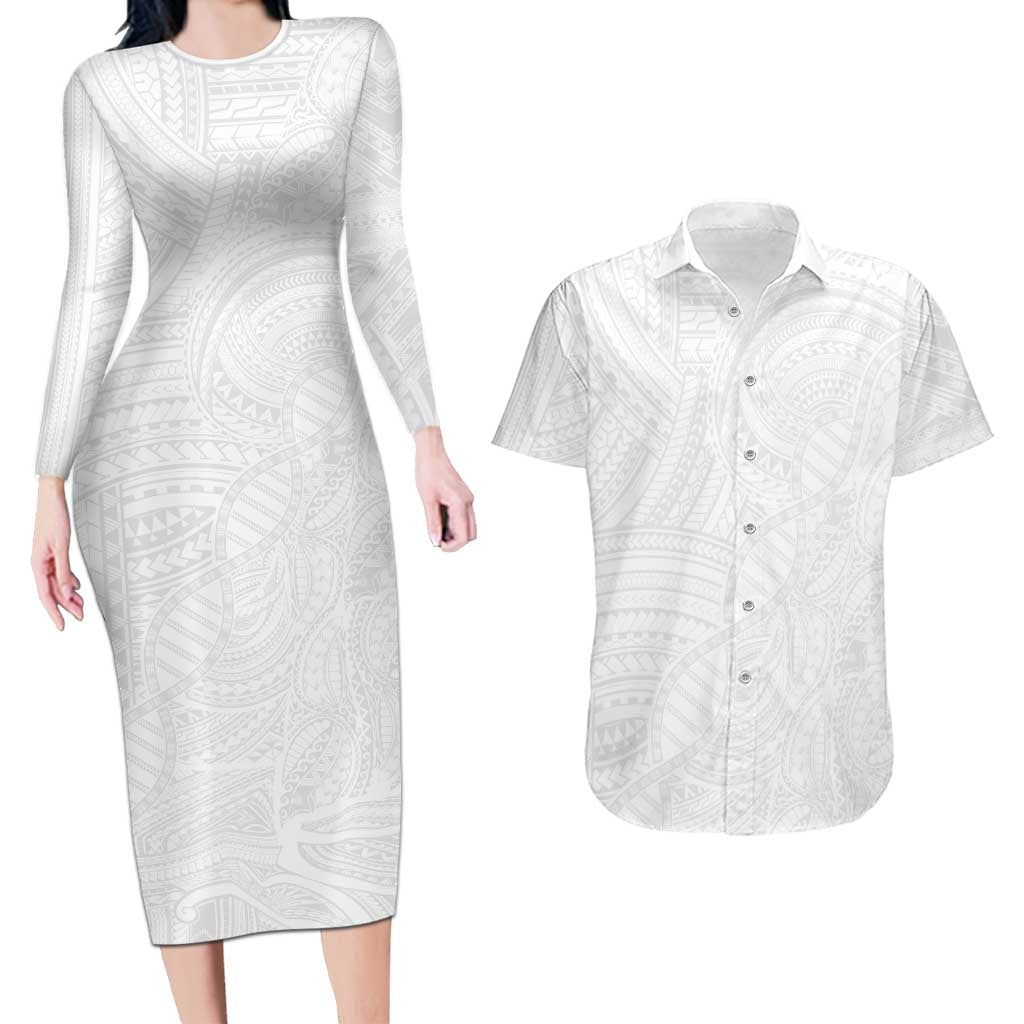 Samoan DNA Art Tattoo Couples Matching Long Sleeve Bodycon Dress and Hawaiian Shirt Polynesian Pattern All White