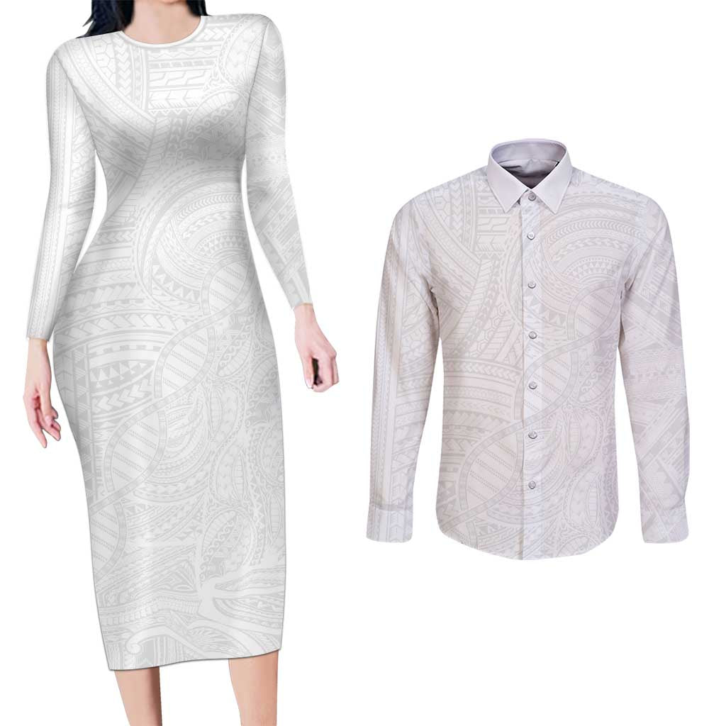Samoan DNA Art Tattoo Couples Matching Long Sleeve Bodycon Dress and Long Sleeve Button Shirt Polynesian Pattern All White LT03 White - Polynesian Pride