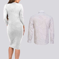 Samoan DNA Art Tattoo Couples Matching Long Sleeve Bodycon Dress and Long Sleeve Button Shirt Polynesian Pattern All White LT03 - Polynesian Pride