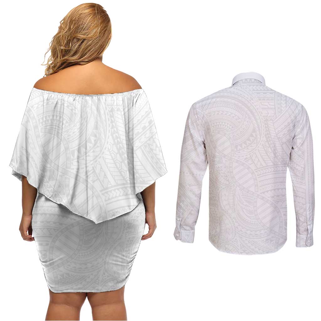 Samoan DNA Art Tattoo Couples Matching Off Shoulder Short Dress and Long Sleeve Button Shirt Polynesian Pattern All White