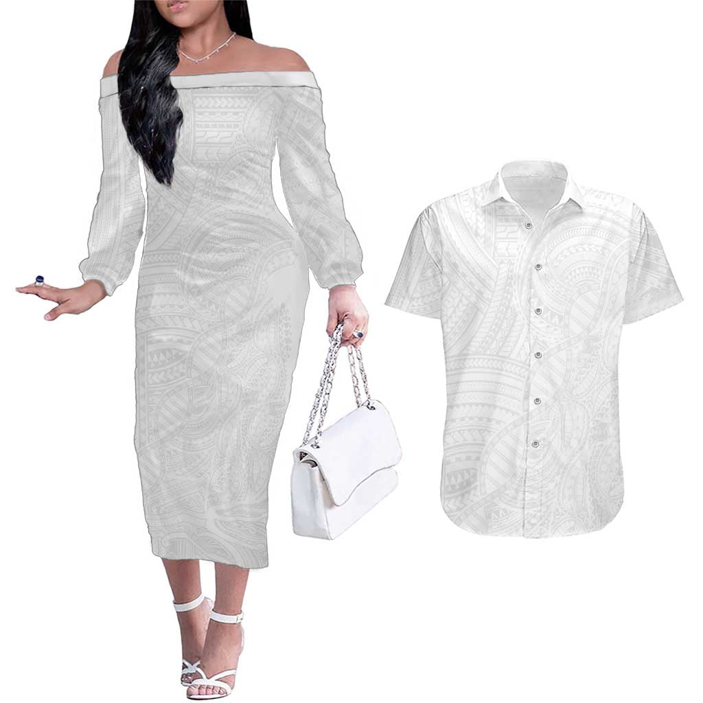 Samoan DNA Art Tattoo Couples Matching Off The Shoulder Long Sleeve Dress and Hawaiian Shirt Polynesian Pattern All White