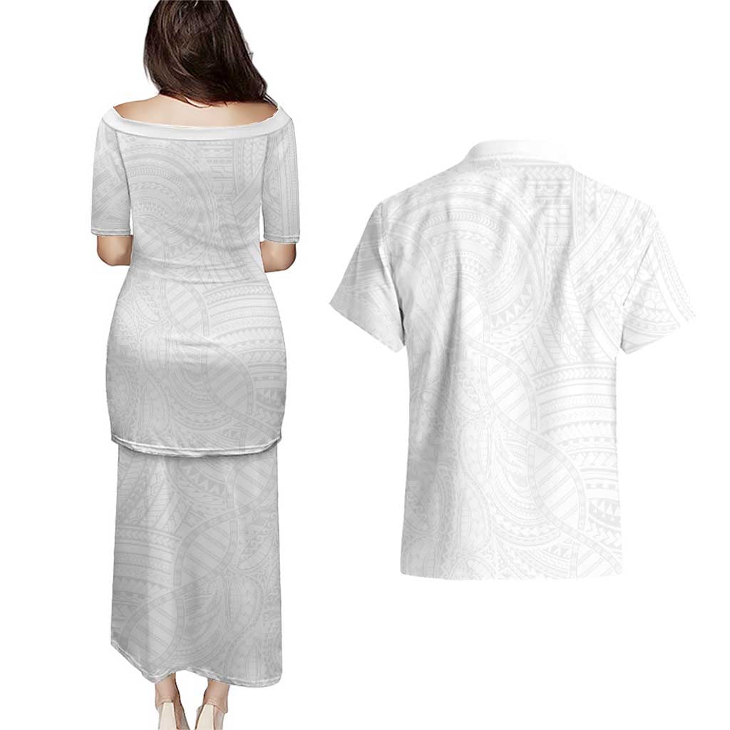 Samoan DNA Art Tattoo Couples Matching Puletasi and Hawaiian Shirt Polynesian Pattern All White LT03 - Polynesian Pride