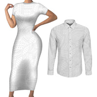 Samoan DNA Art Tattoo Couples Matching Short Sleeve Bodycon Dress and Long Sleeve Button Shirt Polynesian Pattern All White LT03 White - Polynesian Pride