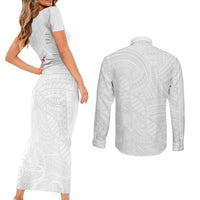 Samoan DNA Art Tattoo Couples Matching Short Sleeve Bodycon Dress and Long Sleeve Button Shirt Polynesian Pattern All White LT03 - Polynesian Pride