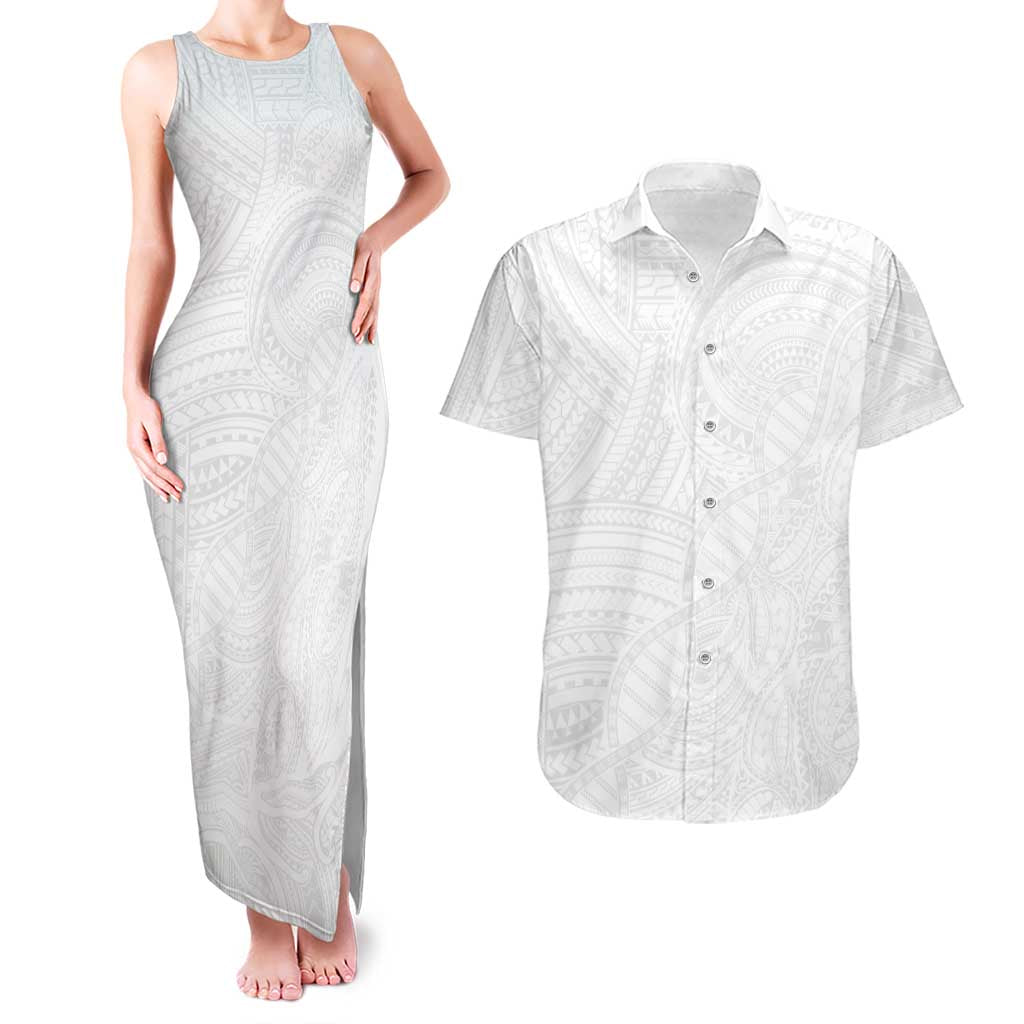 Samoan DNA Art Tattoo Couples Matching Tank Maxi Dress and Hawaiian Shirt Polynesian Pattern All White LT03 White - Polynesian Pride
