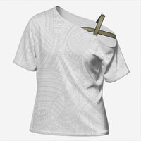 Samoan DNA Art Tattoo Cross Shoulder Shirt Polynesian Pattern All White
