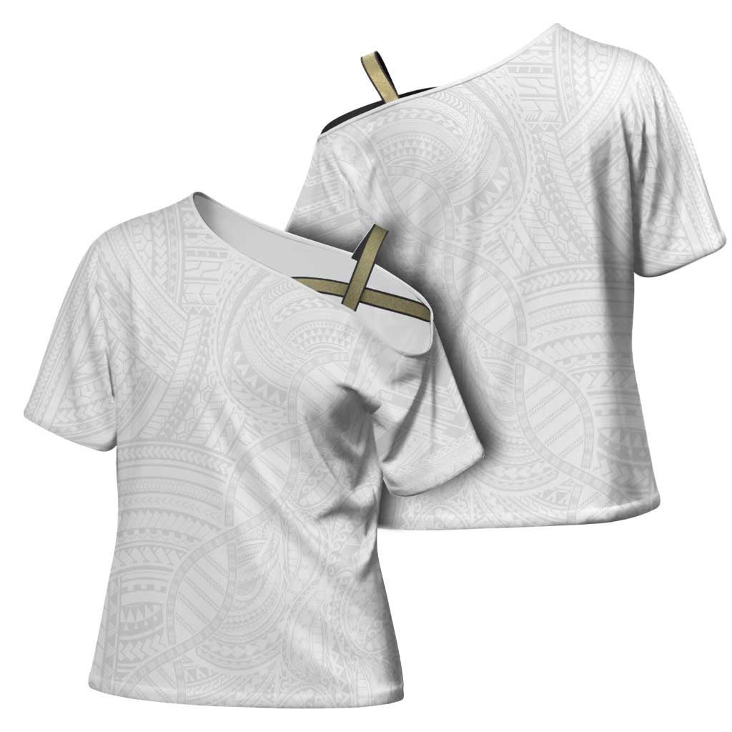 Samoan DNA Art Tattoo Cross Shoulder Shirt Polynesian Pattern All White