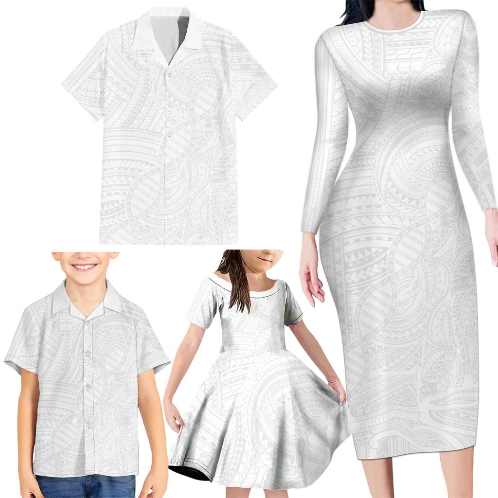 Samoan DNA Art Tattoo Family Matching Long Sleeve Bodycon Dress and Hawaiian Shirt Polynesian Pattern All White