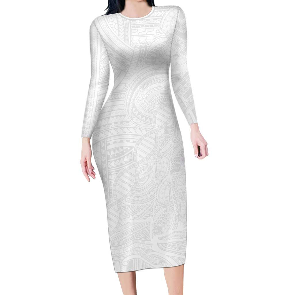 Samoan DNA Art Tattoo Family Matching Long Sleeve Bodycon Dress and Hawaiian Shirt Polynesian Pattern All White