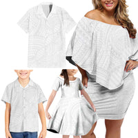 Samoan DNA Art Tattoo Family Matching Off Shoulder Short Dress and Hawaiian Shirt Polynesian Pattern All White