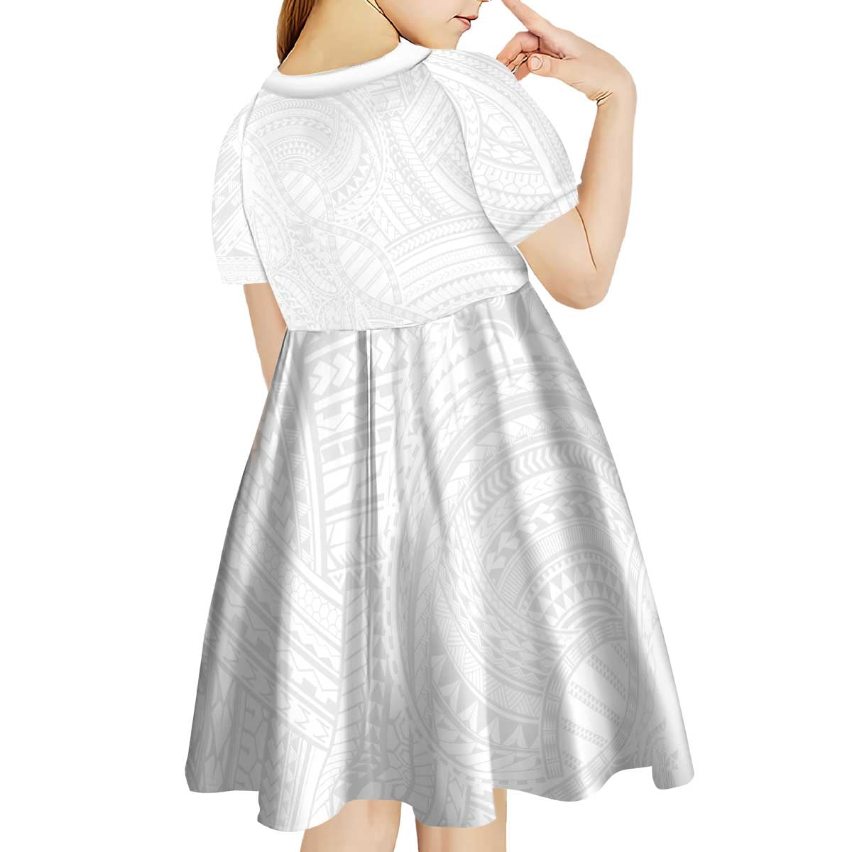 Samoan DNA Art Tattoo Kid Short Sleeve Dress Polynesian Pattern All White