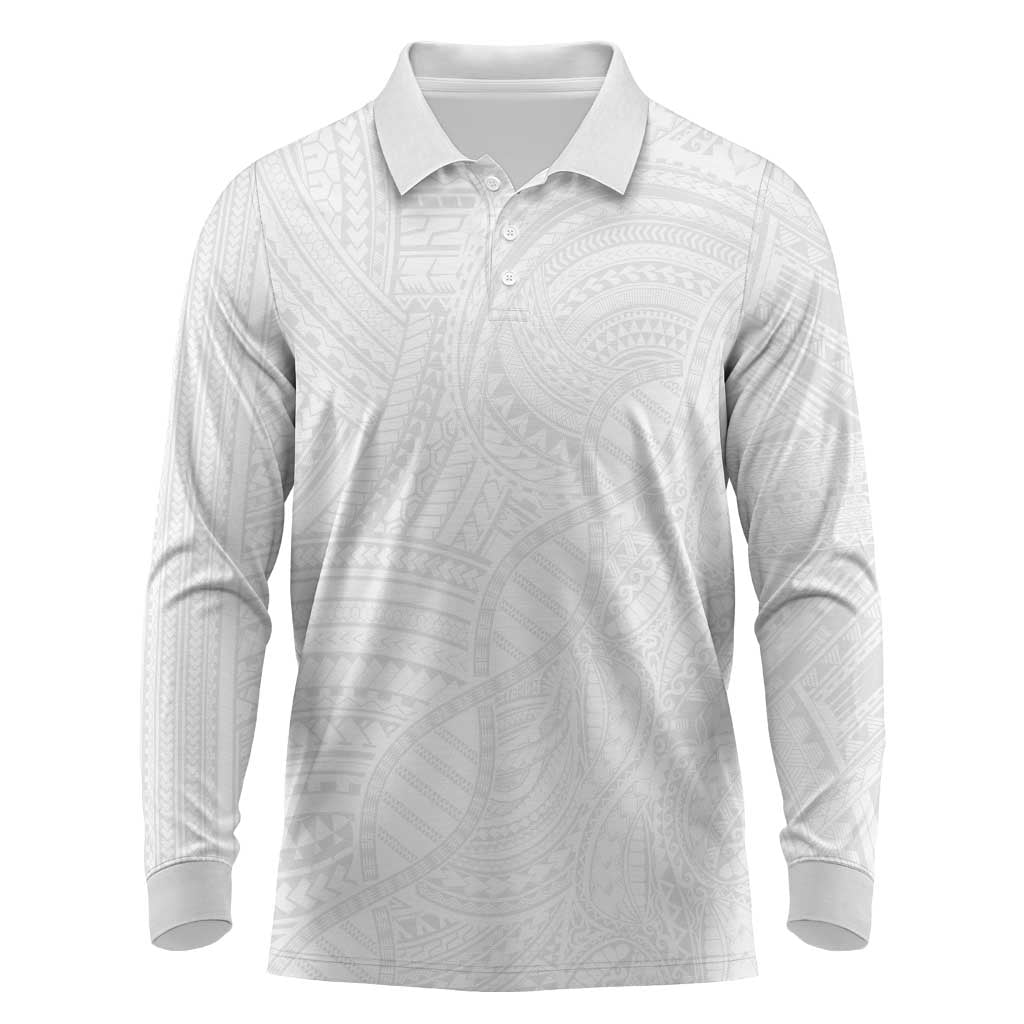 Samoan DNA Art Tattoo Long Sleeve Polo Shirt Polynesian Pattern All White