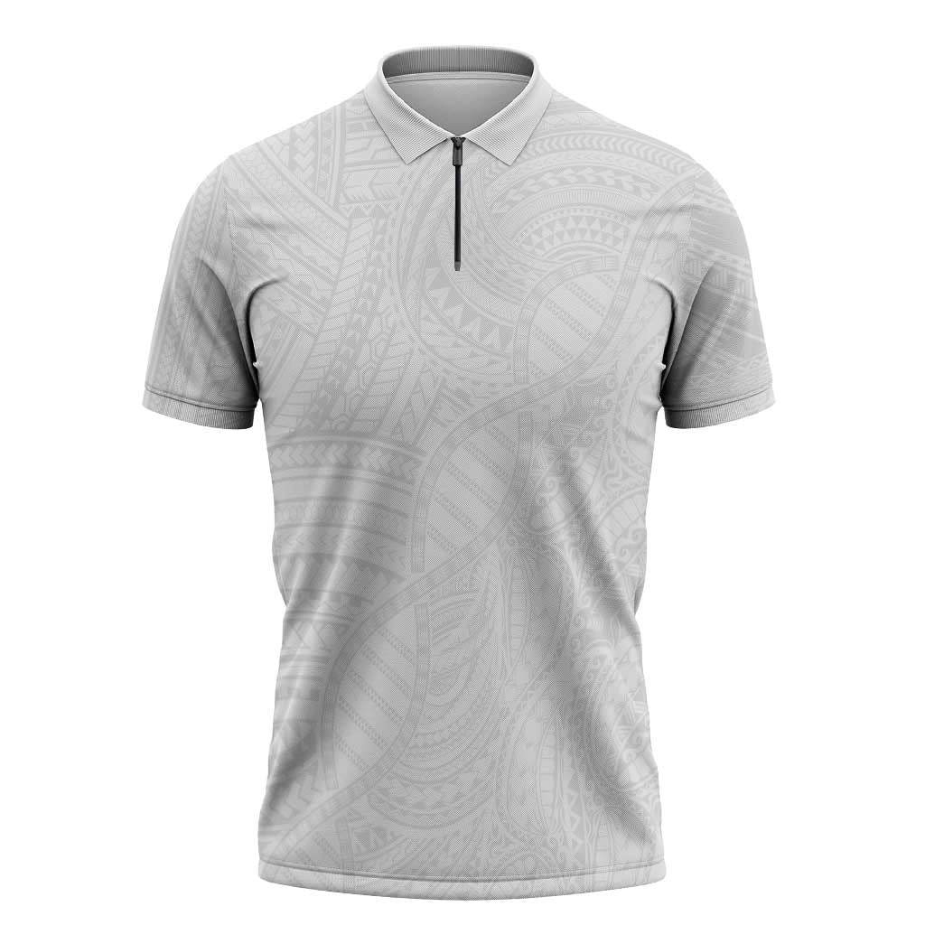 Samoan DNA Art Tattoo Zipper Polo Shirt Polynesian Pattern All White