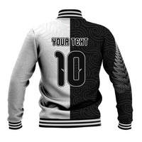 Custom New Zealand Football Baseball Jacket Silver Fern and Maori Tribal Black White Half Sporty Style
