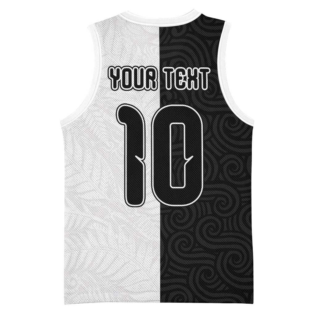 Custom New Zealand Football Basketball Jersey Silver Fern and Maori Tribal Black White Half Sporty Style