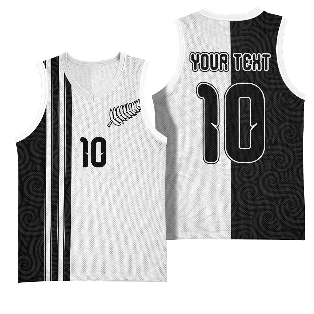 Custom New Zealand Football Basketball Jersey Silver Fern and Maori Tribal Black White Half Sporty Style
