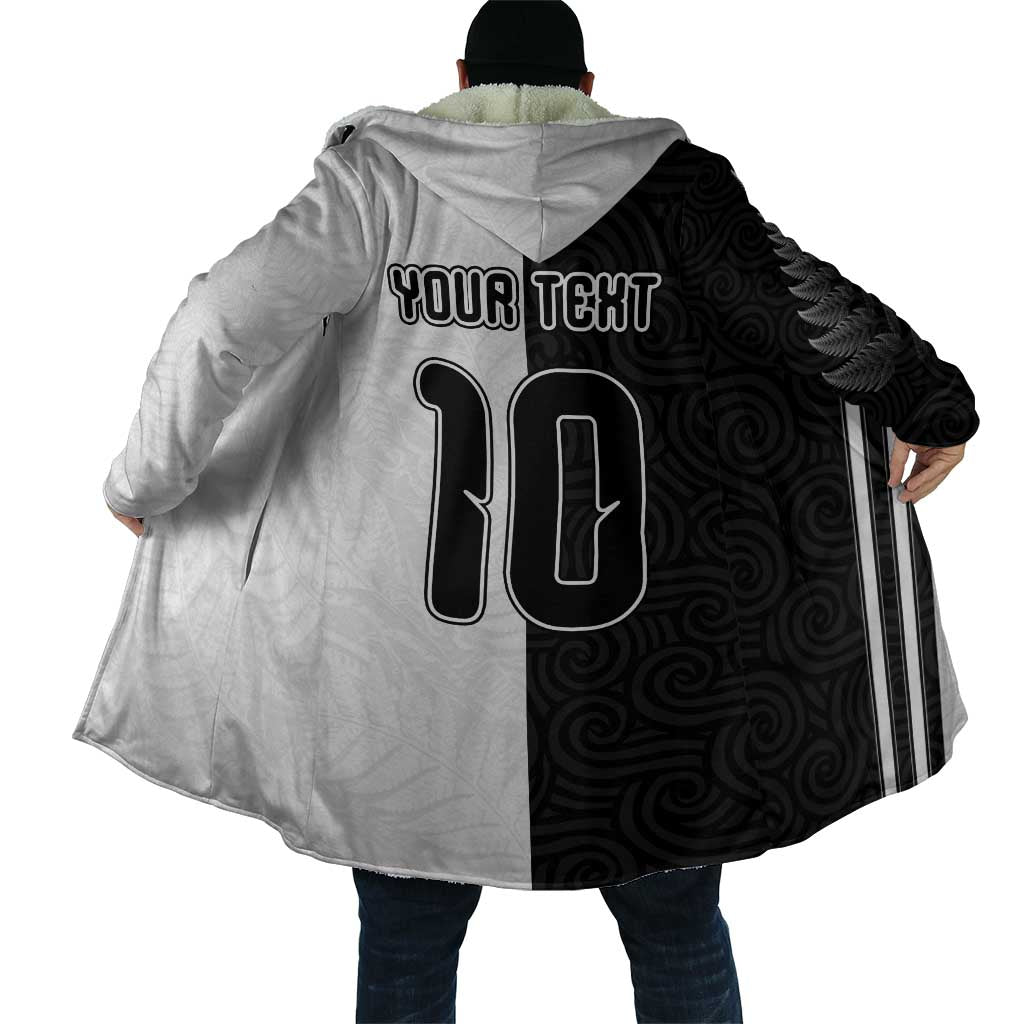 Custom New Zealand Football Cloak Silver Fern and Maori Tribal Black White Half Sporty Style