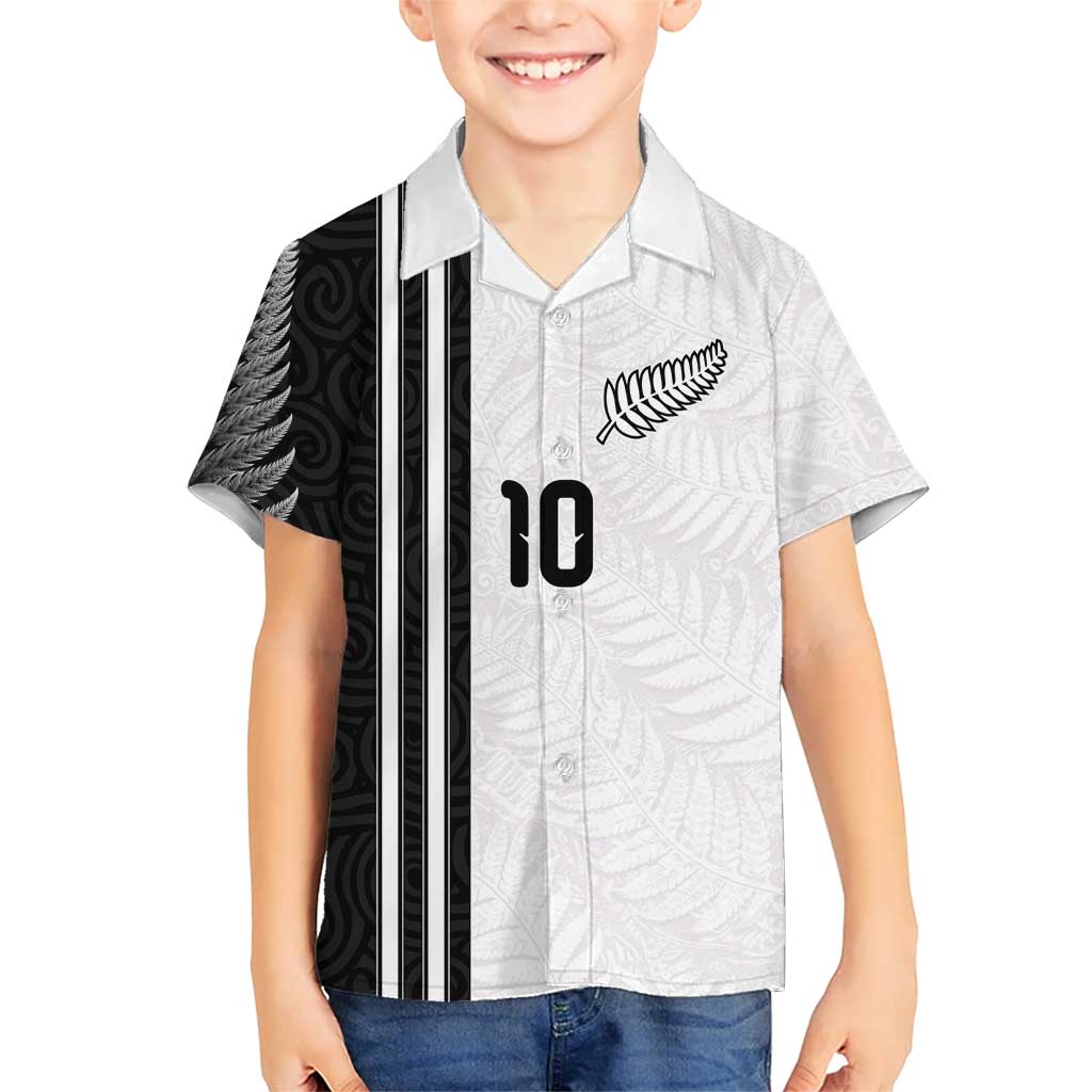 Custom New Zealand Football Kid Hawaiian Shirt Silver Fern and Maori Tribal Black White Half Sporty Style
