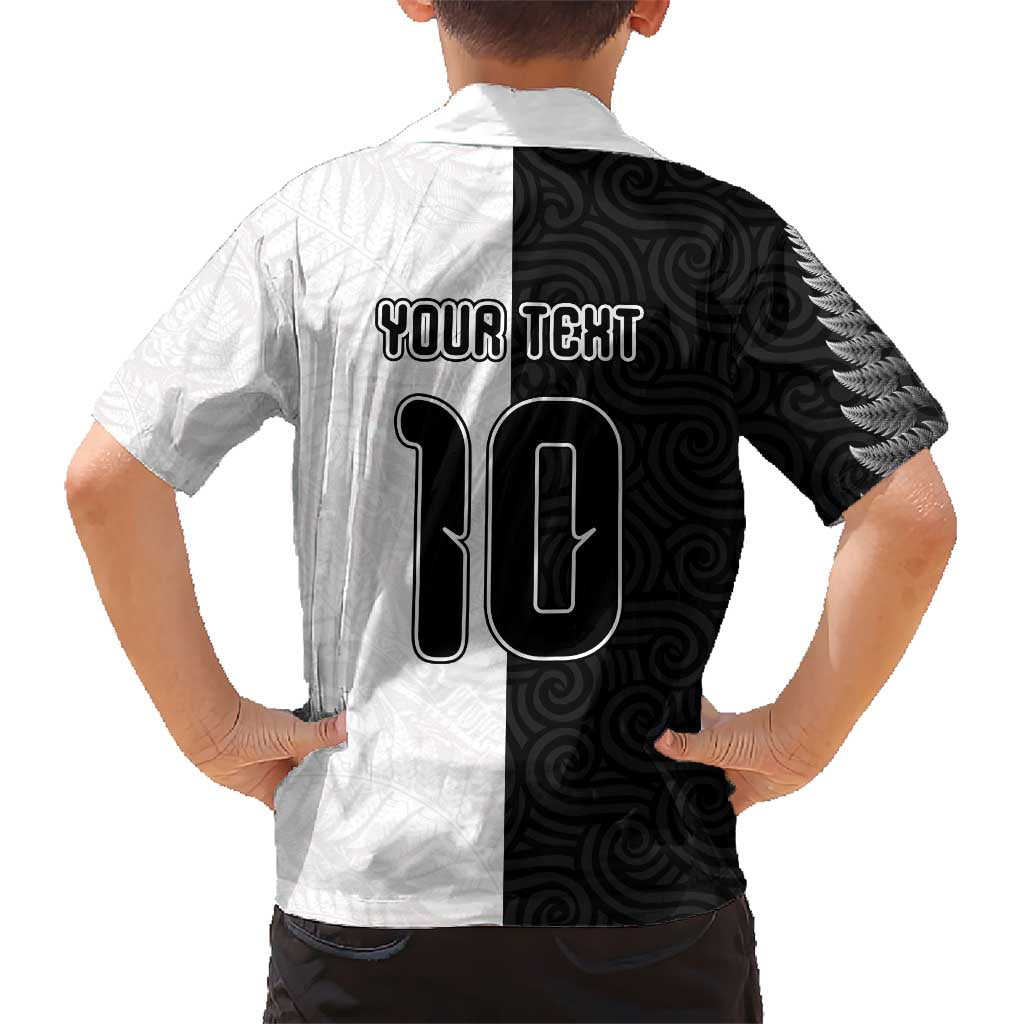 Custom New Zealand Football Kid Hawaiian Shirt Silver Fern and Maori Tribal Black White Half Sporty Style