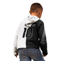 Custom New Zealand Football Kid Hoodie Silver Fern and Maori Tribal Black White Half Sporty Style