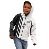 Custom New Zealand Football Kid Hoodie Silver Fern and Maori Tribal Black White Half Sporty Style